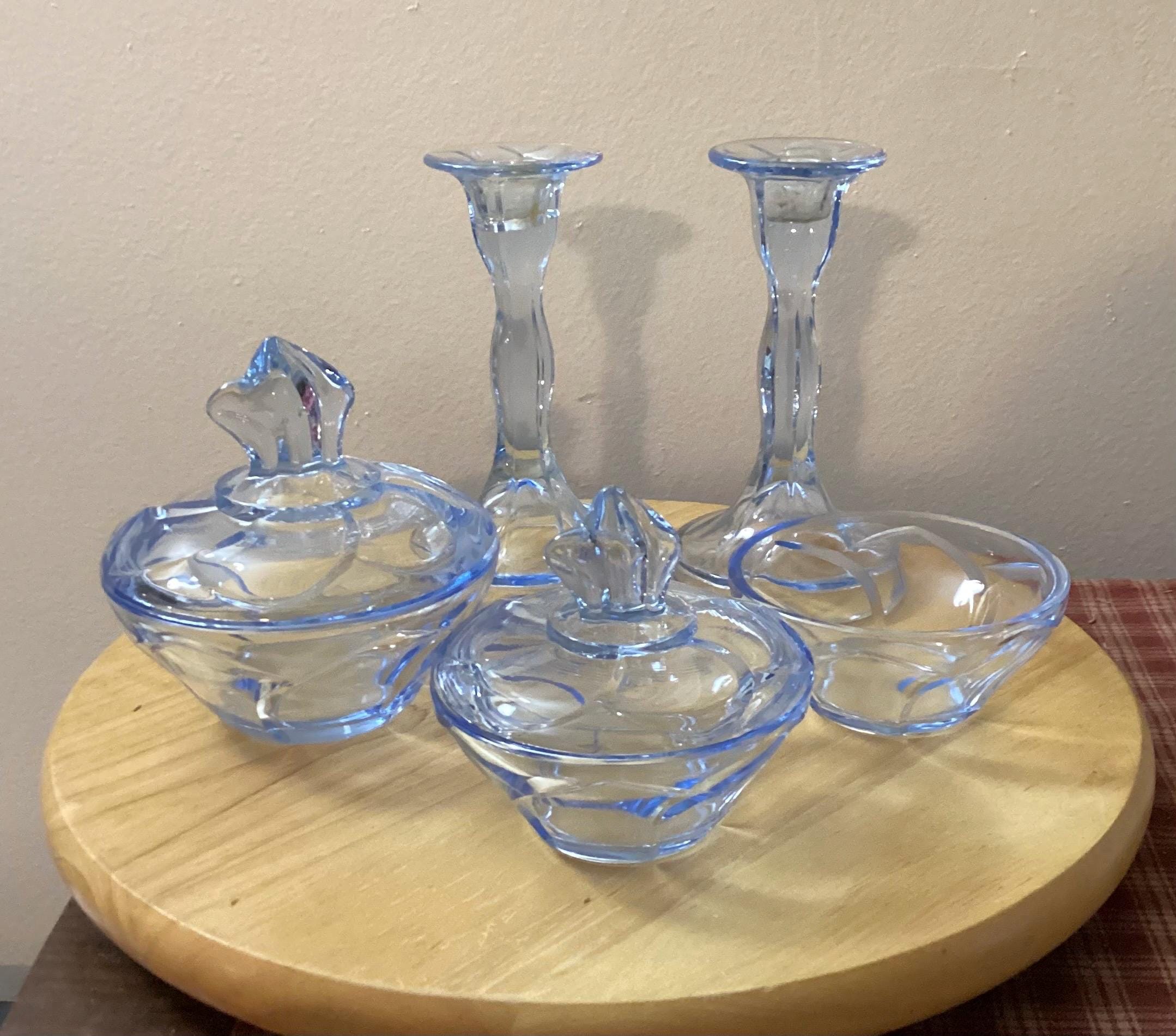 blue glass dressing table set Vintage Set- 1930s. German Art Deco Fleur-de-lis Depression Glass Vanity 60-79 francescas dresses FRANCESCA dress Linen/Length:Lined on top slip pads keep the