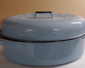 Asador grande de esmalte azul claro único con borde negro