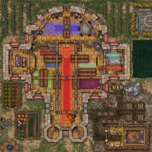 May include: Overhead view of a detailed fantasy map of a castle or fortress. The map features a central red carpet, multiple rooms with bookshelves, gardens, and a well. The color palette includes beige, red, purple, green, and brown.