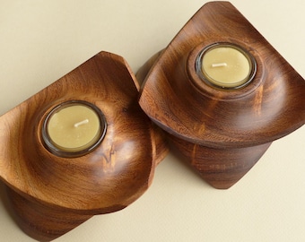 Hand crafted pair of Mango wood tea light holders