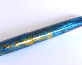 Hand made Teal and Gold Acrylic gel ink rollerball pen