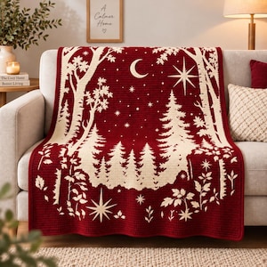 Celestial Forest Crochet Blanket Pattern, Burgundy Ivory Tapestry Afghan (Digital Download)