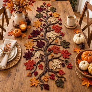 May include: A long, crocheted table runner featuring a central brown branch design adorned with numerous maple leaves in shades of red, orange, yellow, cream, and dark green, accented with small clusters of red berries throughout the length.