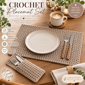 Crochet Placemat & Cutlery Holder Pattern, Textured Dining Set (PDF Tutorial)