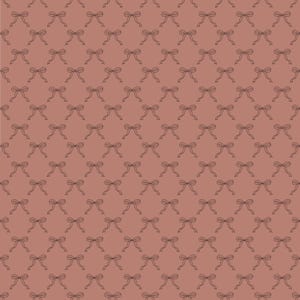 May include: A repeating pattern of small, dark brown bows on a muted reddish-brown background. The bows are evenly spaced and create a delicate, feminine design. This pattern is suitable for various craft projects.
