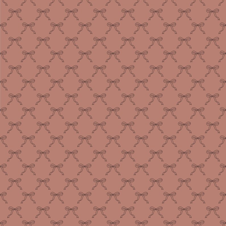 May include: A repeating pattern of small, dark brown bows on a muted reddish-brown background. The bows are evenly spaced and create a delicate, feminine design. This pattern is suitable for various craft projects.