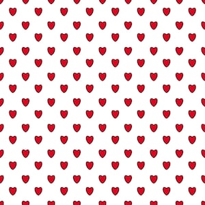May include: A repeating pattern of red hearts on a white background. The hearts are evenly spaced and have a slight shadow effect, giving them a three-dimensional appearance. The design is simple and clean.
