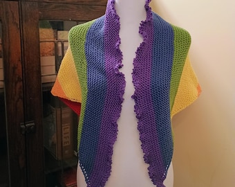 Cotton rainbow shawl: Hand knit LGBTQ pride scarf for women and men