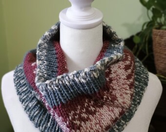 Fair Isle style hand knit cowl: maroon and blue layering scarf