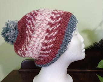 Hand knit pom pom hat: Fair Isle style soft beanie