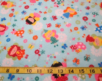 Flower Garden Angels on Aqua Flannel Fabric (105 inches)