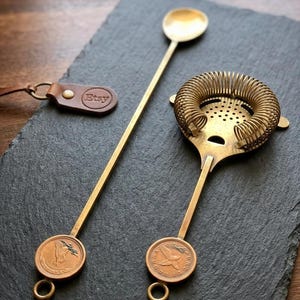 Vintage Brass Bar Set – Italian Hawthorne Strainer, Mixing Spoon, Mid Century Mixology