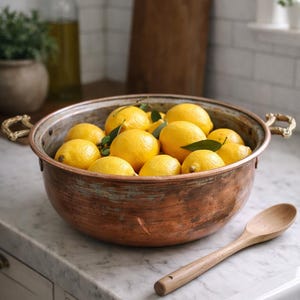 May include: A copper bowl filled with bright yellow lemons and green leaves sits on a marble countertop. A wooden spoon rests nearby. The bowl has ornate handles. A cutting board and olive oil bottle are in the background.