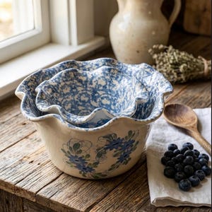 May include: Set of three nesting ceramic bowls with a blue floral and splatter design. The bowls have a ruffled edge and are displayed on a rustic wooden surface. A wooden spoon and blueberries are also present.