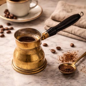 May include: A brass coffee pot with a black handle, filled with coffee, sits on a marble surface. A small cup of coffee on a saucer, coffee beans, and a spoon with coffee grounds are also present. The scene evokes a coffee preparation theme.