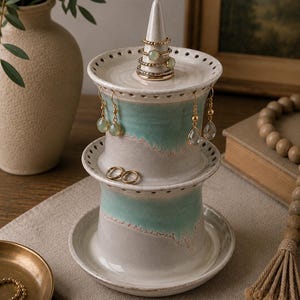 Signed Studio Pottery Jewelry Holder | Stoneware Ring Cone, Earring Organizer, Celadon Glaze