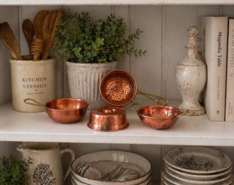 Mini Copper Cookware Set – French Country Kitchen Decor, Brass Handles