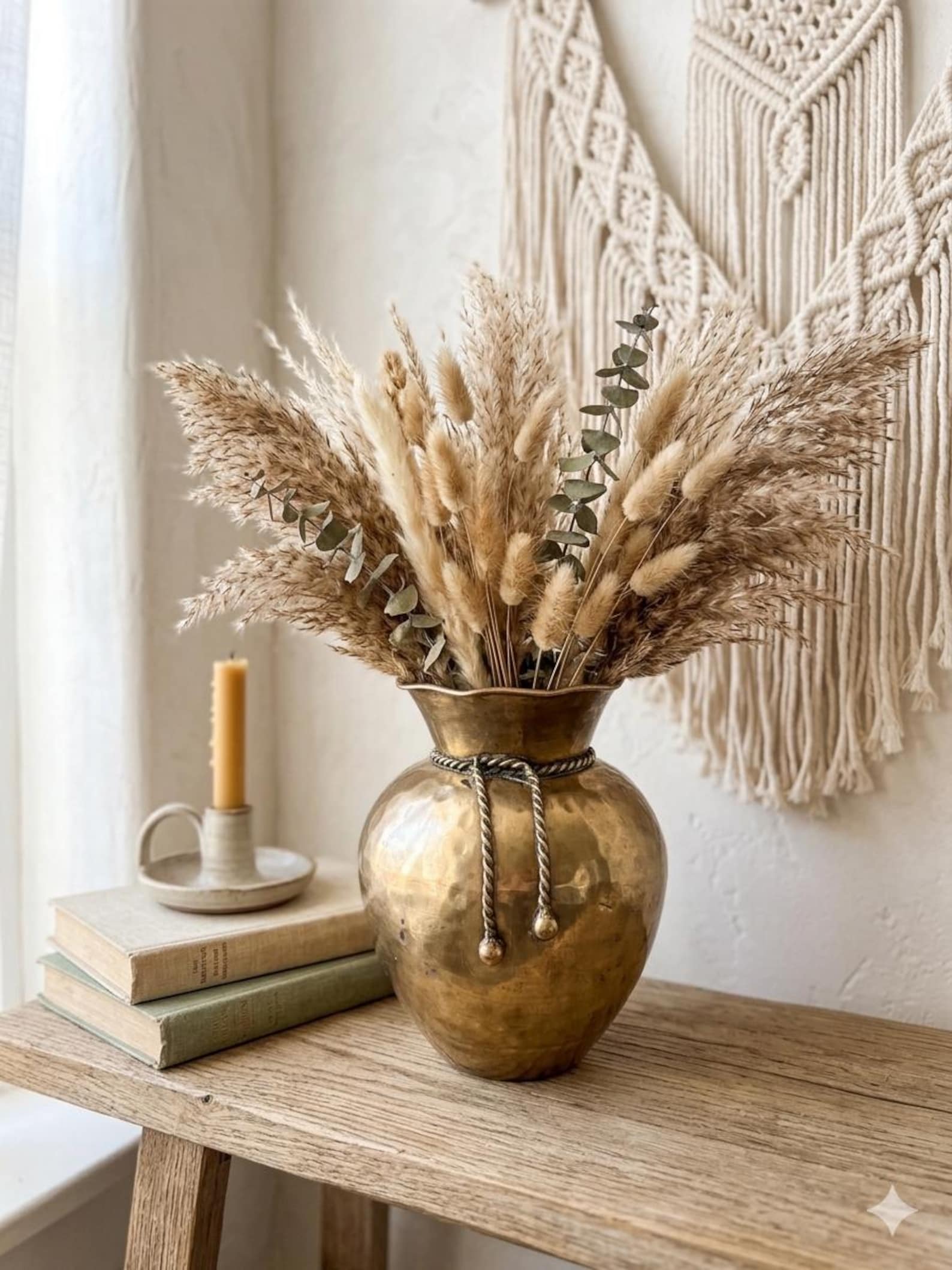 Hammered brass planter with rope detail for a cowgirl coastal kitchen