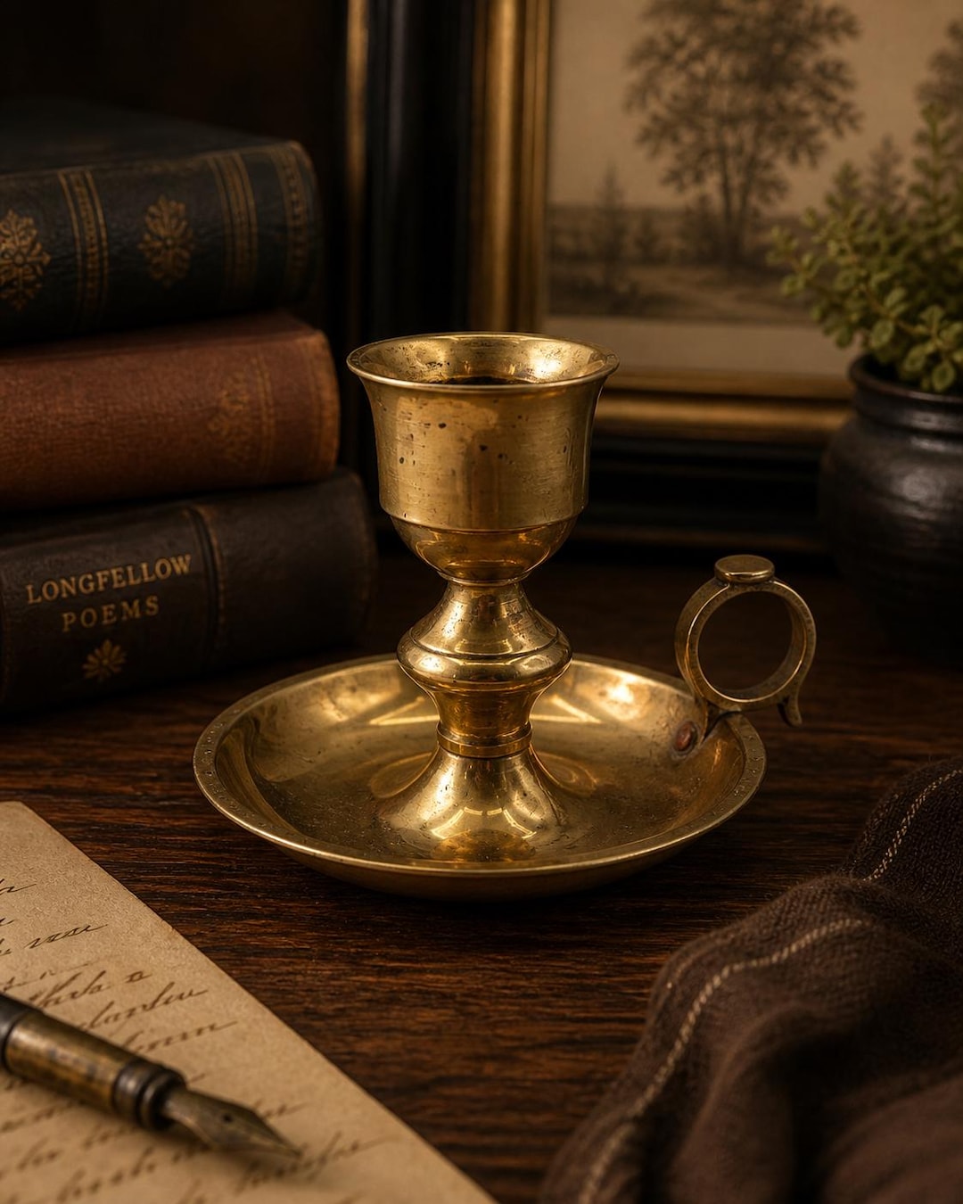 Vintage Solid Brass Chamberstick Candle Holder | Finger Loop Handle | Made in India