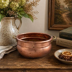 Antique Hand-Hammered Copper Pot with Brass Handles | Primitive French Country Cachepot | Rustic Farmhouse Decor