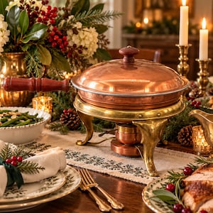 May include: A copper chafing dish with a lid and a dark wooden handle, resting on a brass stand with three curved legs. The round metal vessel features a polished finish and a central knob on the lid, designed for keeping food warm on a table.
