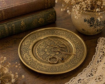 Vintage Engraved Brass Plate 6” Ornate Etched Tray Boho Decor Small Wall Plate