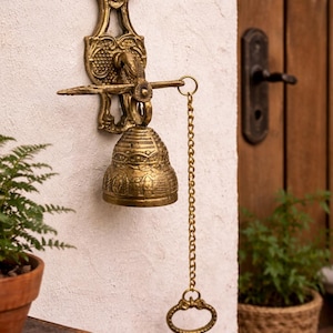 Vintage Brass Wall Bell with Pull Chain, Made in India, Hanging Door Bell, Decorative Brass Entry Bell, Wall Mounted Bell