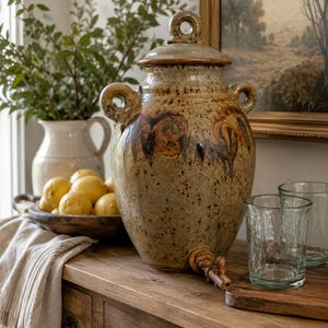 May include: A large, speckled, olive-green ceramic beverage dispenser with two side handles, a matching lid with a ring handle, and a wooden spigot at the base. The vessel features dark brown, swirling painted accents around the upper body.
