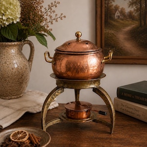 Vintage Copper Simmer Pot with Brass Stand & Spirit Burner | Aromatherapy Warmer Made Korea