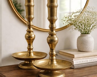 Oversized Vintage Brass Candle Holders Set, Etched Chamberstick Style, 18 Inch Tall, Boho Decor