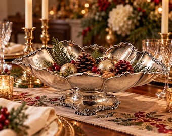 Antique Quadruple Plate Floral Serving Bowl, 12” Ornate Silver Plate Flower Bowl, Vintage Holiday Table Centerpiece