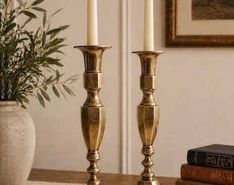 Vintage Brass Candlesticks Pair | Tall 11.5” Heavy Brass Candle Holders | Traditional Colonial Style Decor | Mantel Dining Decor