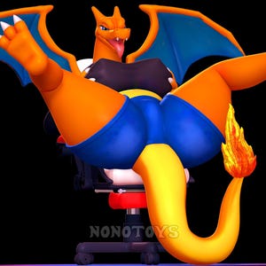 May include: A 3D rendered Charizard figure in a relaxed pose, wearing blue shorts and a black top, seated in a chair. The figure is orange with blue wings and white claws. The tail has a flame at the end. The text "NONOTOYS" is visible.