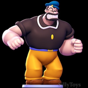 May include: A 3D rendered figurine of a cartoon character with a blue sailor hat, brown shirt, yellow pants, and brown boots. The character has a dark beard and is clenching his fists. The figurine is standing on a white base.