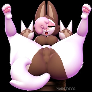 May include: A 3D cartoon character resembling a bunny, rendered in brown, white, and pink. The character is posed with arms and legs raised. The image is set against a black background. The text "NONOTOYS" is visible.