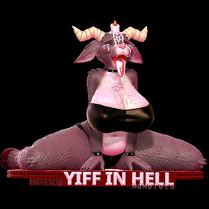 Pode incluir: Estatueta de uma criatura semelhante a uma cabra com uma vela na cabeça, usando um top preto e gargantilha. A estatueta tem uma língua longa e o texto "YIFF IN HELL" na base.