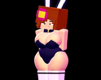 Puede incluir: Una figura de estilo voxel en bloques que representa a un personaje con cabello castaño, un accesorio de flor rosa y amarilla y largas orejas de conejo blancas. El personaje viste un leotardo negro, una pequeña pajarita negra y calcetines blancos hasta el muslo. El texto NONOTOYS es visible.