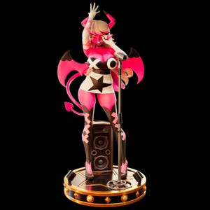 May include: A figurine of a pink and black demon character with a microphone, wings, and a tail. The character is wearing a white dress with a black star and a black and white top. The figurine stands on a round base with a speaker.