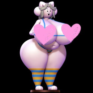 May include: A 3D cartoon figure wearing a blue and yellow bikini and striped socks. The figure has a cat-like appearance with a white body, grey hair, and pink heart-shaped coverings over the breasts.