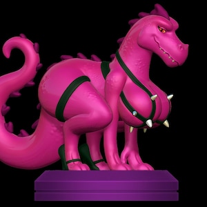 May include: A magenta-colored, cartoonish dragon figurine with a spiked harness and high heels. The dragon is posed on a purple platform against a black background. The text "SillyToys" is in the bottom right corner.