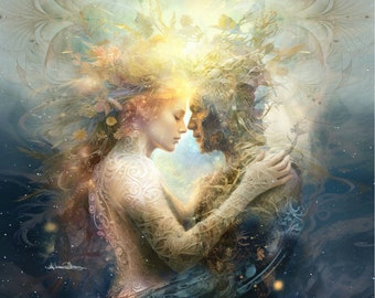 Fine Art Print -Twinflame - soul mates yin yang divine union visionary spiritual digital Illustration