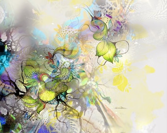 Canvas Digital Art Print -38x34cm - "illusion" - Modern Abstract Organic leaf Botanical Psychedelic Art Print Visionary Spiritual Artwork