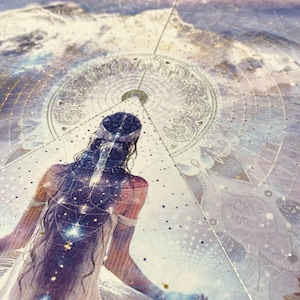 May include: A spiritual art print featuring a woman meditating with a cosmic overlay. The artwork includes a celestial background with a moon, mountains, and geometric patterns. The color palette is soft, with blues, purples, and whites.