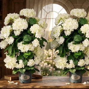 Set of 2 Artificial Hydrangea Trees in Pot – White Faux Flowers 30"