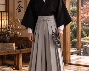 Conjunto de kimono hakama para hombre, disfraz de samurái japonés para cosplay, atuendo tradicional de kimono negro y gris, túnica para festivales zen, estilo anime.