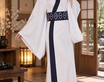 Kimono blanco de samurái para mujer, túnica de anime japonés, yukata para Halloween y Comic Con con obi y bufanda.
