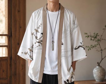 Kimono japonés para mujer y hombre, haori con estampado de flores de cerezo, prenda ligera con abertura frontal, chaqueta de verano de estilo asiático.