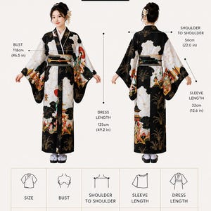 May include: A size guide for a black and white kimono featuring a graphic print of pagodas and figures. The chart displays measurements in inches and centimeters, including a bust of 46.5 inches, shoulder width of 22.0 inches, and a length of 49.2 inches.