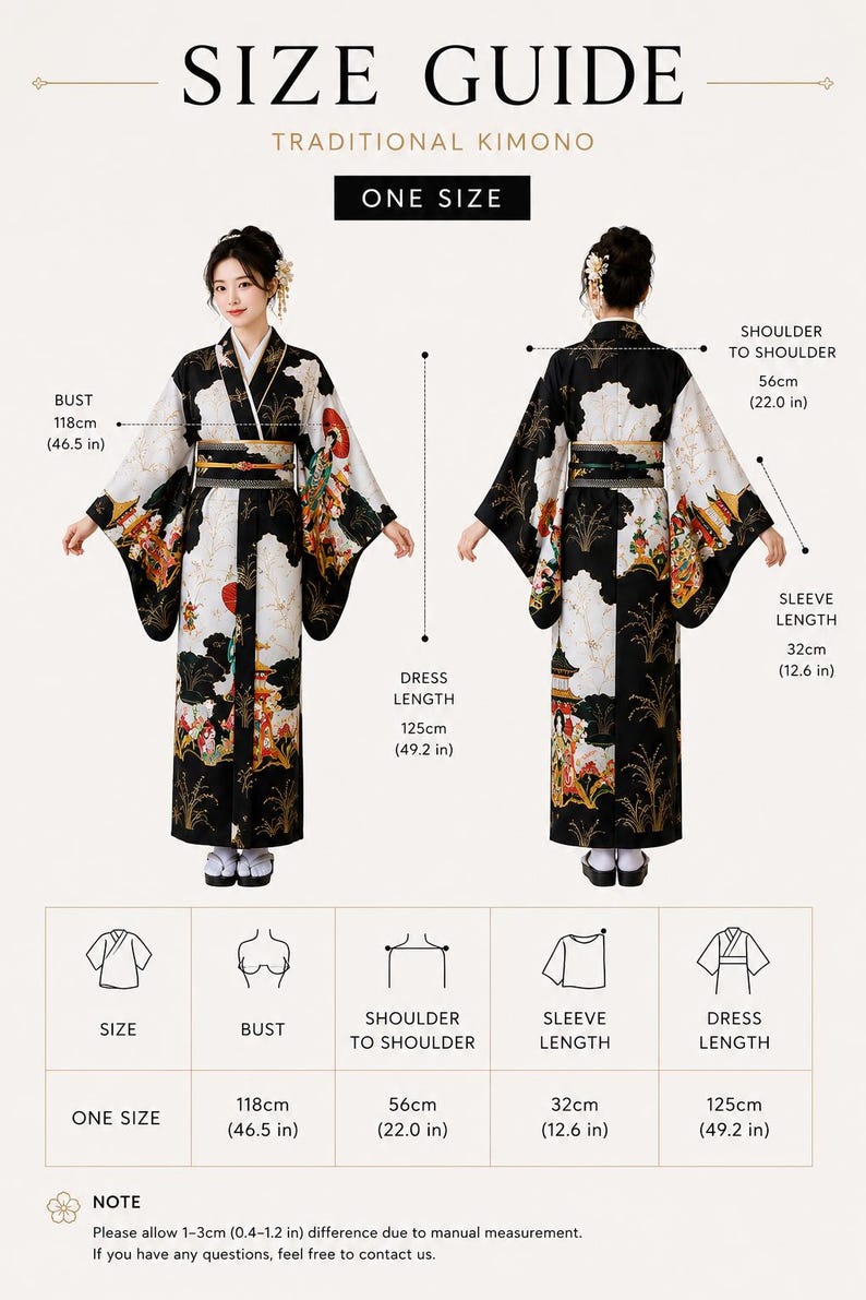 May include: A size guide for a black and white kimono featuring a graphic print of pagodas and figures. The chart displays measurements in inches and centimeters, including a bust of 46.5 inches, shoulder width of 22.0 inches, and a length of 49.2 inches.