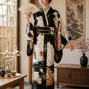 May include: A black and white kimono featuring intricate gold and red patterns, including depictions of pagodas and floral motifs. The garment is secured with a wide, dark obi sash and is paired with white tabi socks and black sandals, while holding a folding fan.